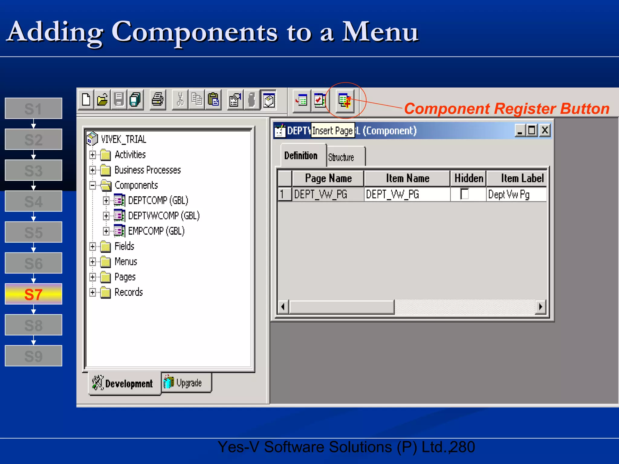 280Yes-V Software Solutions (P) Ltd.,
Adding Components toAdding Components to a Menua Menu
S8
S9
S7
S6
S5
S4
S3
S2
S1 Component Register Button
 