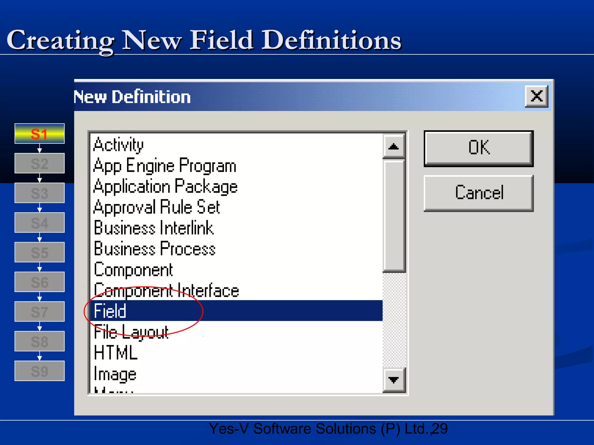 29Yes-V Software Solutions (P) Ltd.,
Creating New Field DefinitionsCreating New Field Definitions
S8
S9
S7
S6
S5
S4
S3
S2
S1
 