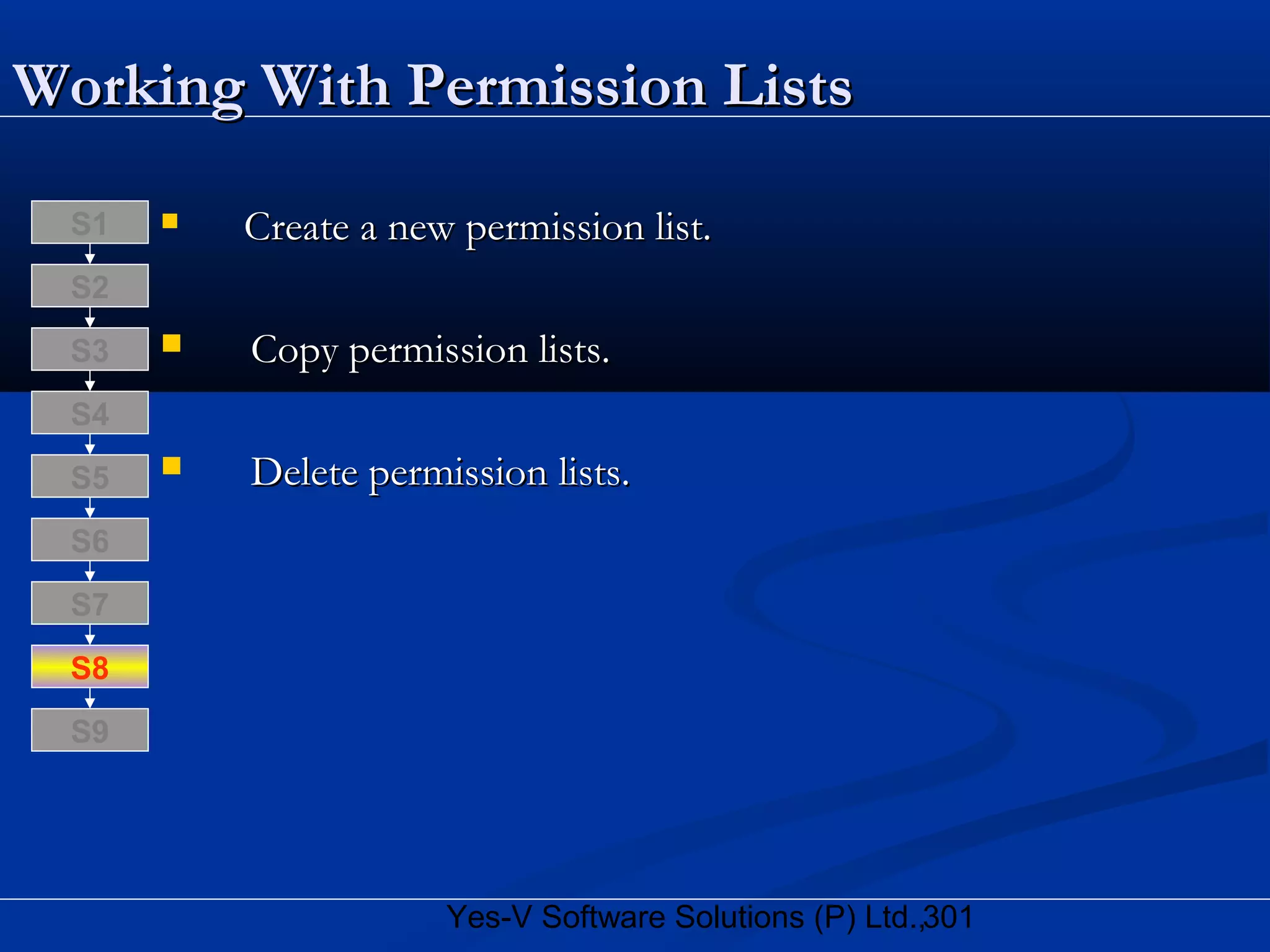 301Yes-V Software Solutions (P) Ltd.,
Working With Permission ListsWorking With Permission Lists
 Create a new permission list.Create a new permission list.
 Copy permission lists.Copy permission lists.
 Delete permission lists.Delete permission lists.
S8
S9
S7
S6
S5
S4
S3
S2
S1
 