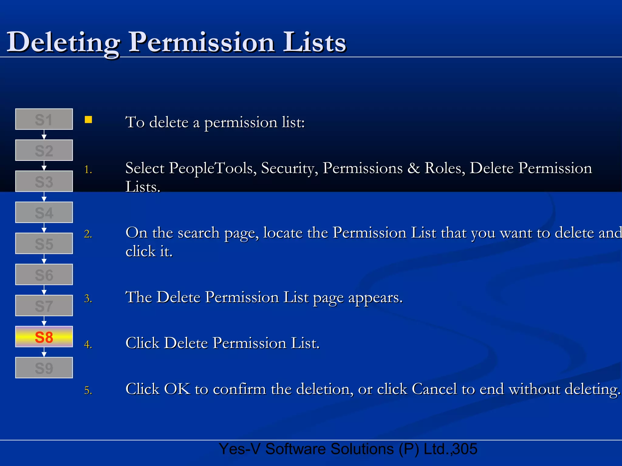 305Yes-V Software Solutions (P) Ltd.,
Deleting Permission ListsDeleting Permission Lists
 To delete a permission list:To delete a permission list:
1.1. Select PeopleTools, Security, Permissions & Roles, Delete PermissionSelect PeopleTools, Security, Permissions & Roles, Delete Permission
Lists.Lists.
2.2. On the search page, locate the Permission List that you want to delete andOn the search page, locate the Permission List that you want to delete and
click it.click it.
3.3. The Delete Permission List page appears.The Delete Permission List page appears.
4.4. Click Delete Permission List.Click Delete Permission List.
5.5. Click OK to confirm the deletion, or click Cancel to end without deleting.Click OK to confirm the deletion, or click Cancel to end without deleting.
S8
S9
S7
S6
S5
S4
S3
S2
S1
 