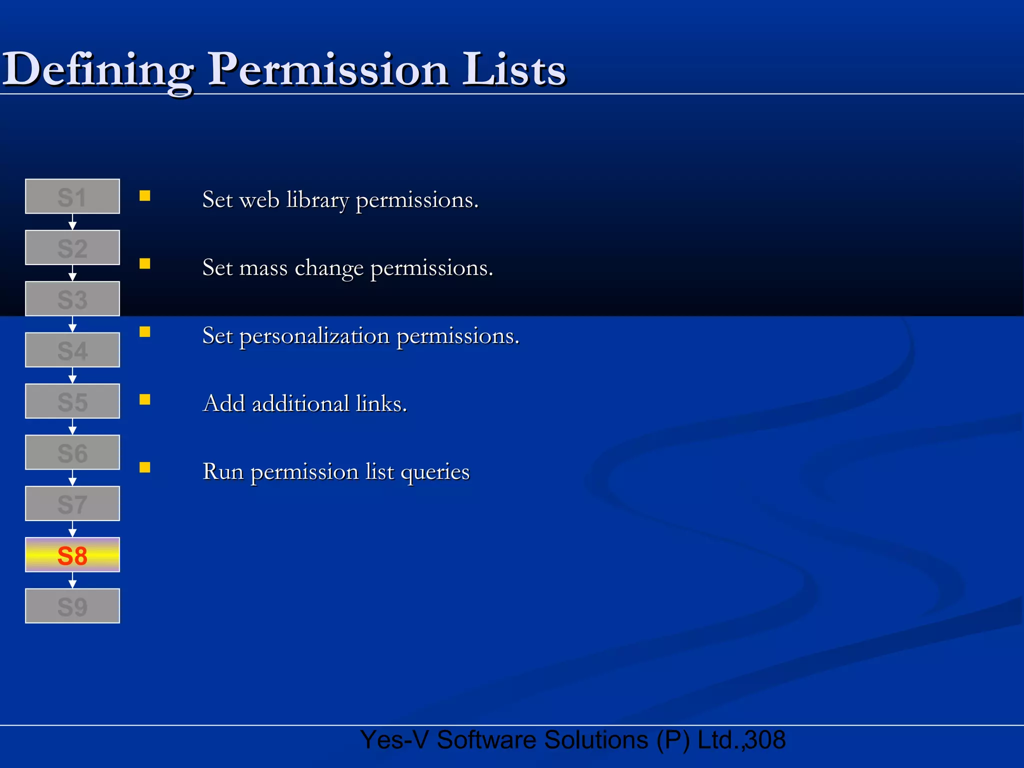 308Yes-V Software Solutions (P) Ltd.,
Defining Permission ListsDefining Permission Lists
 Set web library permissions.Set web library permissions.
 Set mass change permissions.Set mass change permissions.
 Set personalization permissions.Set personalization permissions.
 Add additional links.Add additional links.
 Run permission list queriesRun permission list queries
S8
S9
S7
S6
S5
S4
S3
S2
S1
 