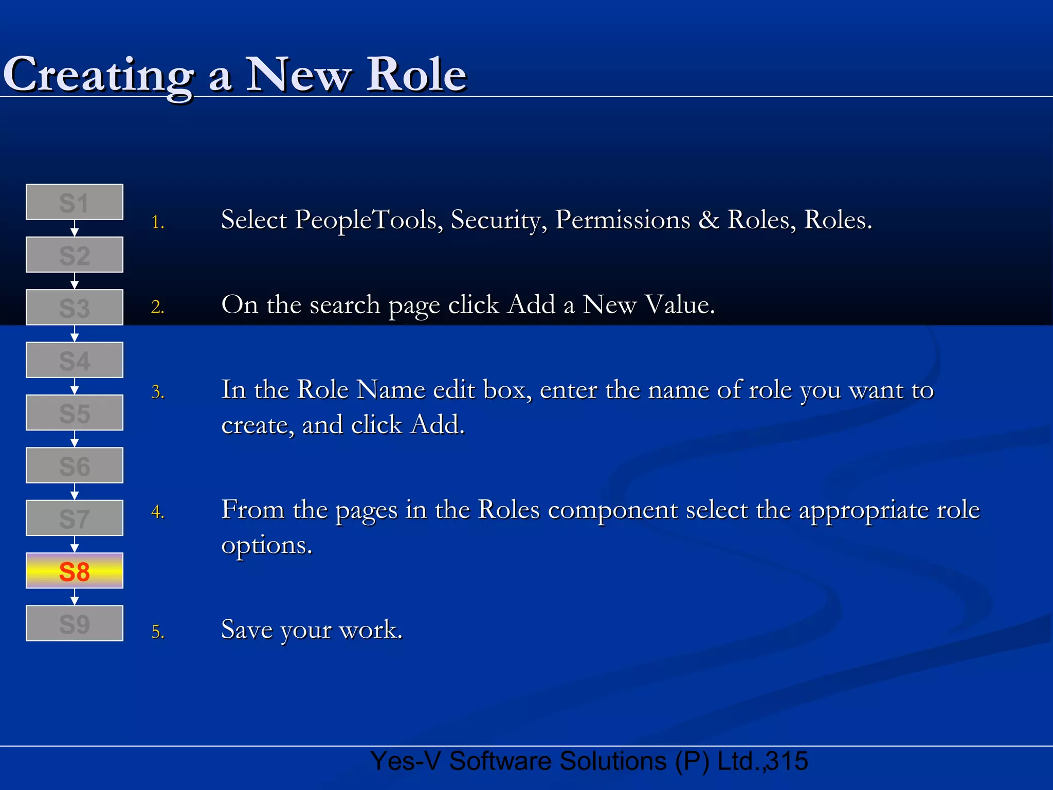 315Yes-V Software Solutions (P) Ltd.,
Creating a New RoleCreating a New Role
1.1. Select PeopleTools, Security, Permissions & Roles, Roles.Select PeopleTools, Security, Permissions & Roles, Roles.
2.2. On the search page click Add a New Value.On the search page click Add a New Value.
3.3. In the Role Name edit box, enter the name of role you want toIn the Role Name edit box, enter the name of role you want to
create, and click Add.create, and click Add.
4.4. From the pages in the Roles component select the appropriate roleFrom the pages in the Roles component select the appropriate role
options.options.
5.5. Save your work.Save your work.
S8
S9
S7
S6
S5
S4
S3
S2
S1
 