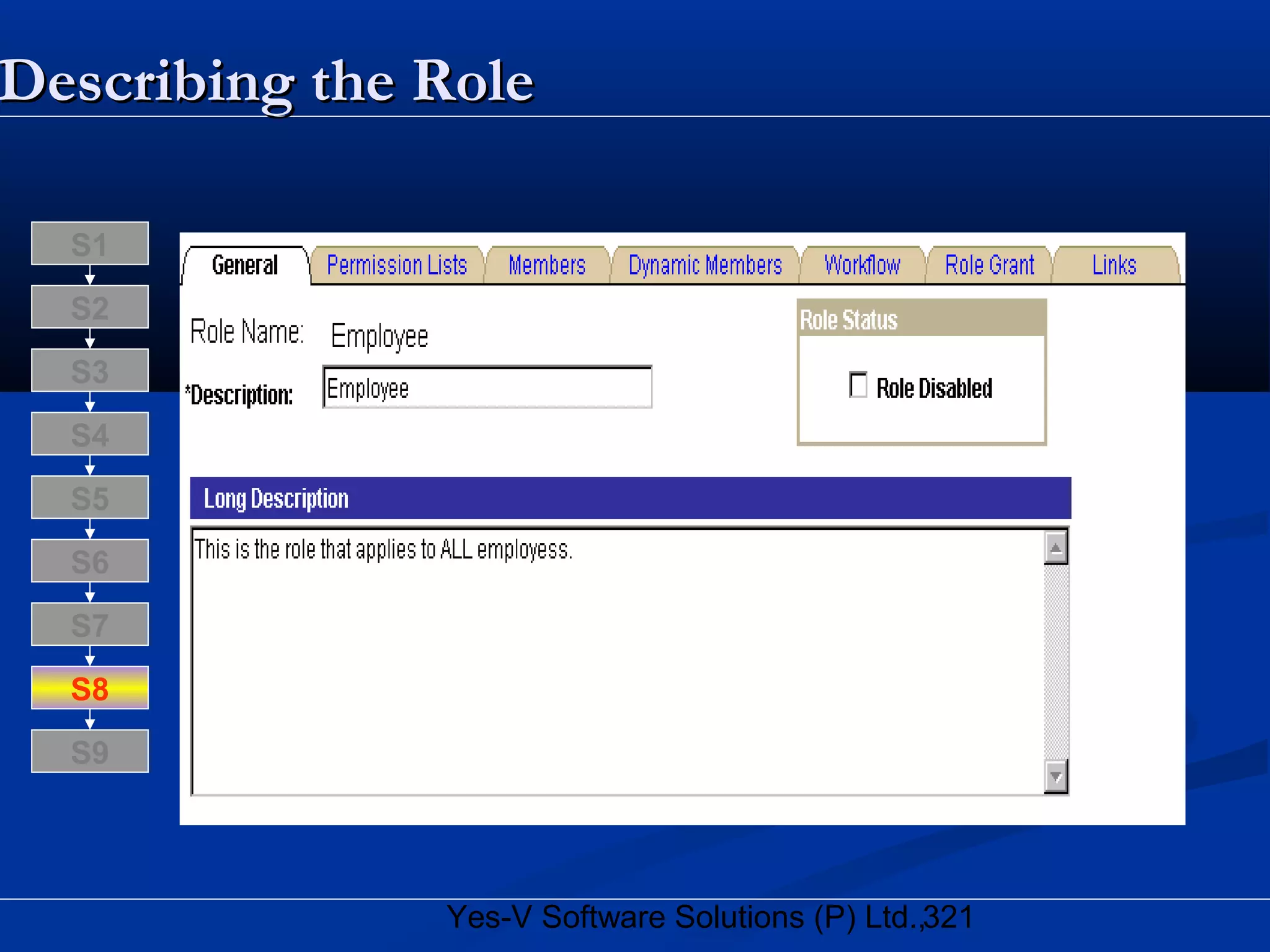 321Yes-V Software Solutions (P) Ltd.,
Describing the RoleDescribing the Role
S8
S9
S7
S6
S5
S4
S3
S2
S1
 