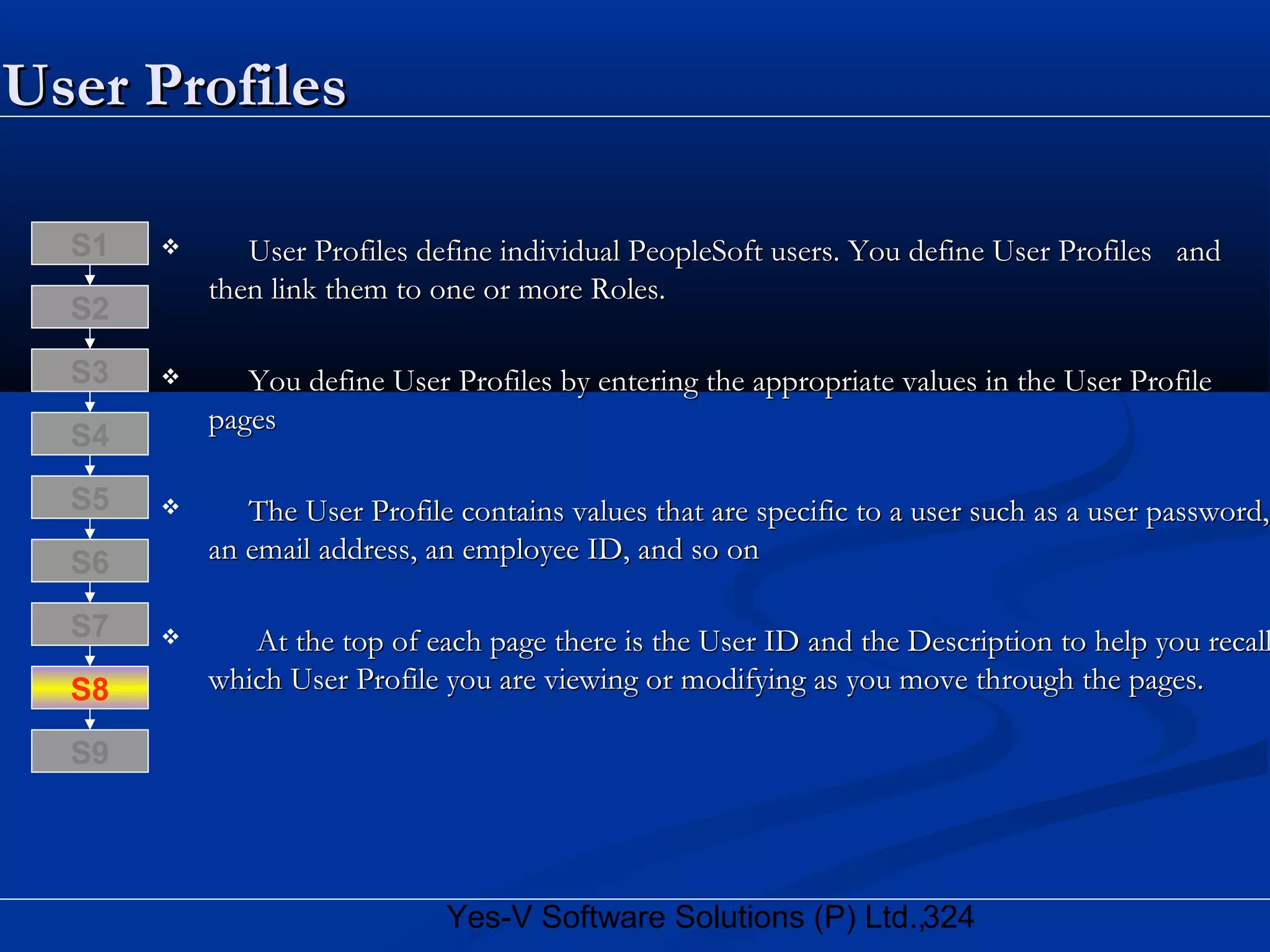 324Yes-V Software Solutions (P) Ltd.,
User ProfilesUser Profiles
 User Profiles define individual PeopleSoft users. You define User Profiles andUser Profiles define individual PeopleSoft users. You define User Profiles and
then link them to one or more Roles.then link them to one or more Roles.
 You define User Profiles by entering the appropriate values in the User ProfileYou define User Profiles by entering the appropriate values in the User Profile
pagespages
 The User Profile contains values that are specific to a user such as a user password,The User Profile contains values that are specific to a user such as a user password,
an email address, an employee ID, and so onan email address, an employee ID, and so on
 At the top of each page there is the User ID and the Description to help you recallAt the top of each page there is the User ID and the Description to help you recall
which User Profile you are viewing or modifying as you move through the pages.which User Profile you are viewing or modifying as you move through the pages.S8
S9
S7
S6
S5
S4
S3
S2
S1
 