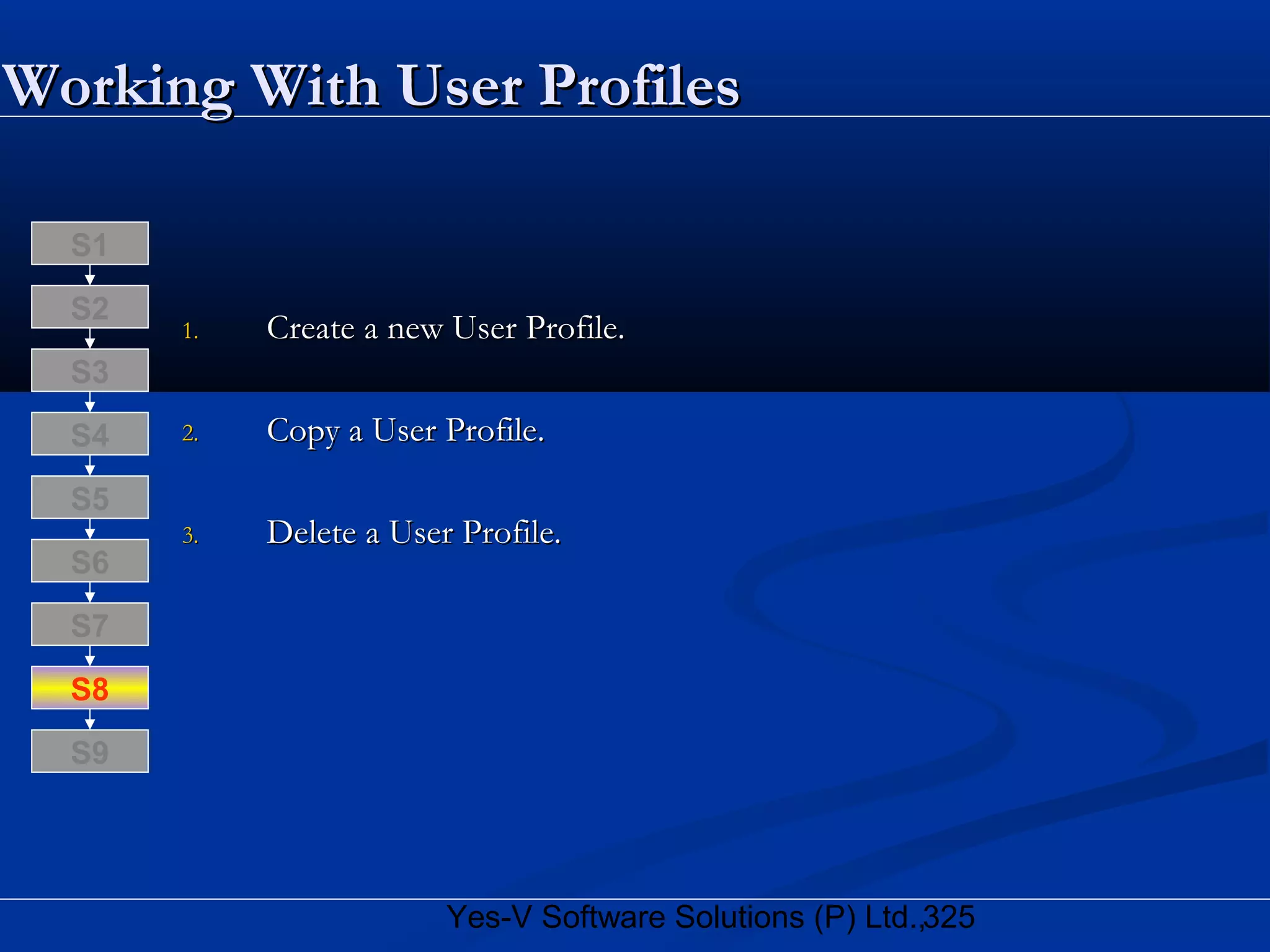 325Yes-V Software Solutions (P) Ltd.,
Working With User ProfilesWorking With User Profiles
1.1. Create a new User Profile.Create a new User Profile.
2.2. Copy a User Profile.Copy a User Profile.
3.3. Delete a User Profile.Delete a User Profile.
S8
S9
S7
S6
S5
S4
S3
S2
S1
 