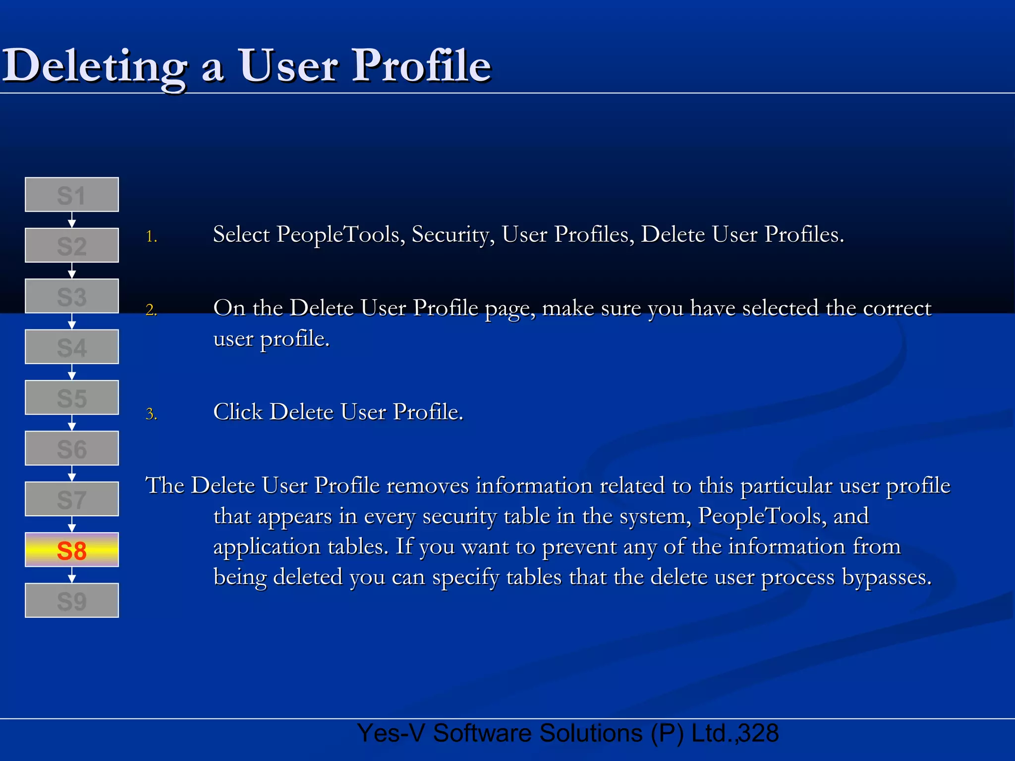 328Yes-V Software Solutions (P) Ltd.,
Deleting a User ProfileDeleting a User Profile
1.1. Select PeopleTools, Security, User Profiles, Delete User Profiles.Select PeopleTools, Security, User Profiles, Delete User Profiles.
2.2. On the Delete User Profile page, make sure you have selected the correctOn the Delete User Profile page, make sure you have selected the correct
user profile.user profile.
3.3. Click Delete User Profile.Click Delete User Profile.
The Delete User Profile removes information related to this particular user profileThe Delete User Profile removes information related to this particular user profile
that appears in every security table in the system, PeopleTools, andthat appears in every security table in the system, PeopleTools, and
application tables. If you want to prevent any of the information fromapplication tables. If you want to prevent any of the information from
being deleted you can specify tables that the delete user process bypasses.being deleted you can specify tables that the delete user process bypasses.
S8
S9
S7
S6
S5
S4
S3
S2
S1
 