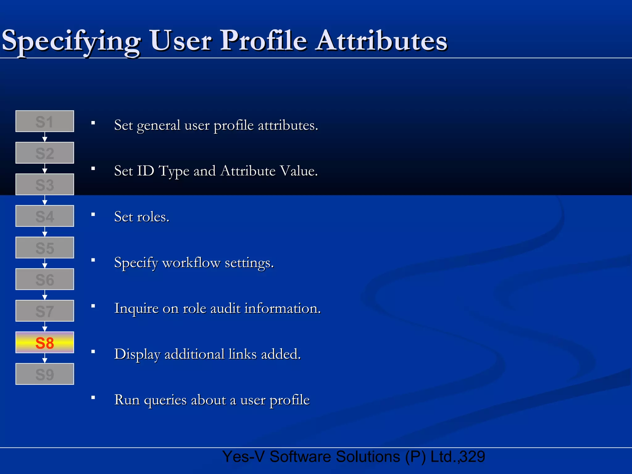 329Yes-V Software Solutions (P) Ltd.,
Specifying User Profile AttributesSpecifying User Profile Attributes
 Set general user profile attributes.Set general user profile attributes.
 Set ID Type and Attribute Value.Set ID Type and Attribute Value.
 Set roles.Set roles.
 Specify workflow settings.Specify workflow settings.
 Inquire on role audit information.Inquire on role audit information.
 Display additional links added.Display additional links added.
 Run queries about a user profileRun queries about a user profile
S8
S9
S7
S6
S5
S4
S3
S2
S1
 