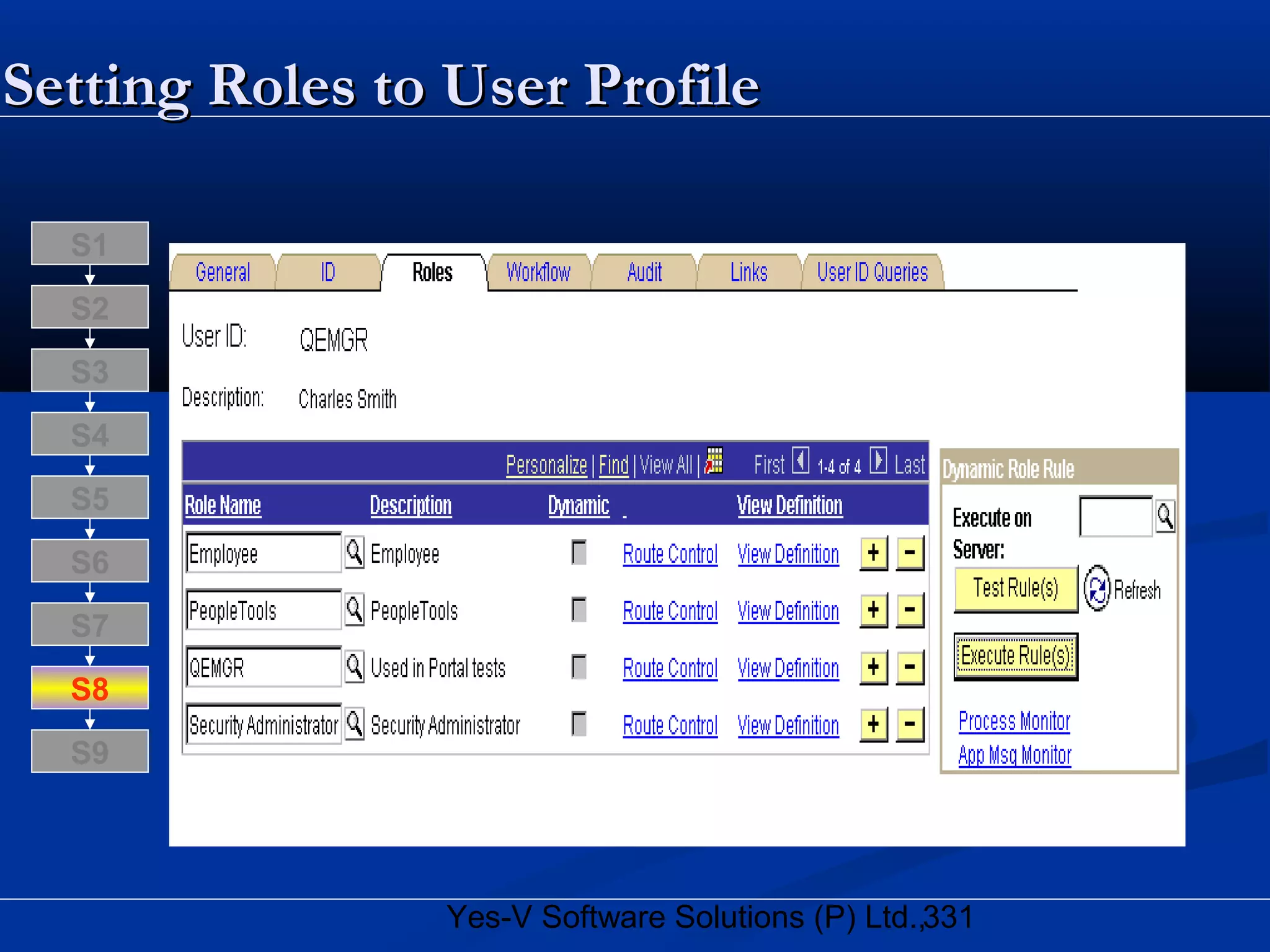 331Yes-V Software Solutions (P) Ltd.,
Setting Roles to User ProfileSetting Roles to User Profile
S8
S9
S7
S6
S5
S4
S3
S2
S1
 