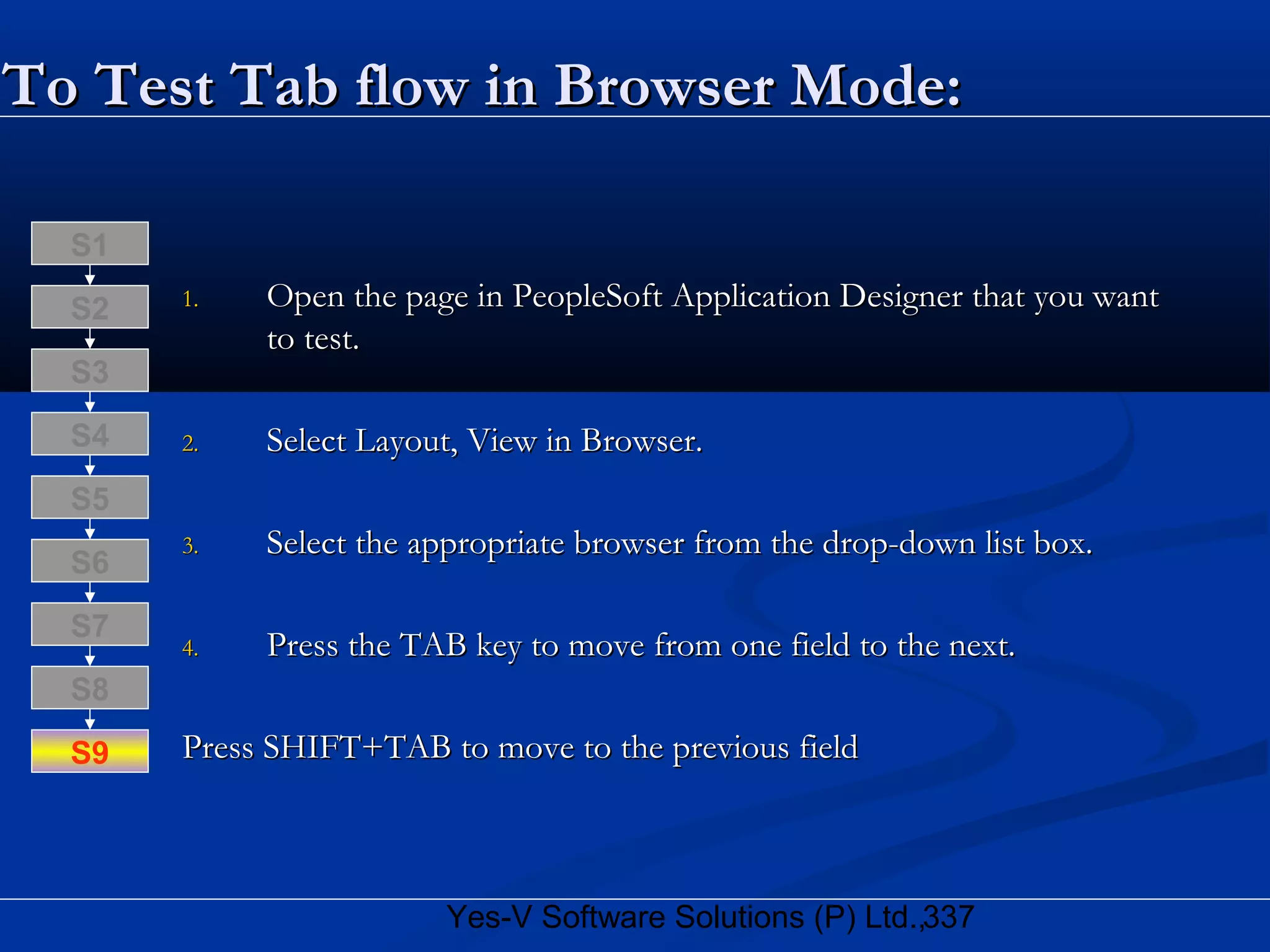 337Yes-V Software Solutions (P) Ltd.,
To Test Tab flow in Browser Mode:To Test Tab flow in Browser Mode:
1.1. Open the page in PeopleSoft Application Designer that you wantOpen the page in PeopleSoft Application Designer that you want
to test.to test.
2.2. Select Layout, View in Browser.Select Layout, View in Browser.
3.3. Select the appropriate browser from the drop-down list box.Select the appropriate browser from the drop-down list box.
4.4. Press the TAB key to move from one field to the next.Press the TAB key to move from one field to the next.
Press SHIFT+TAB to move to the previous fieldPress SHIFT+TAB to move to the previous field
S8
S9
S7
S6
S5
S4
S3
S2
S1
 