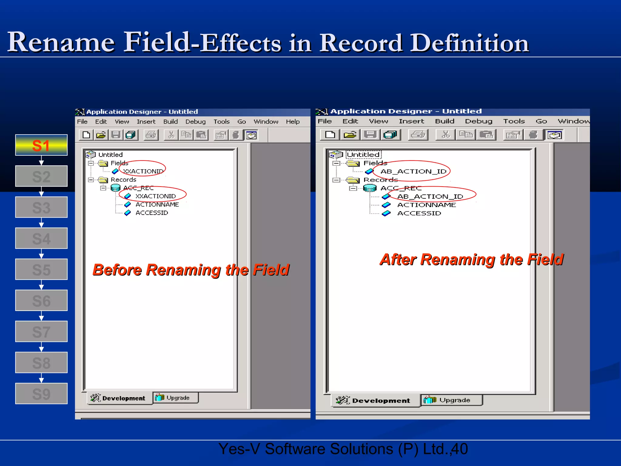 40Yes-V Software Solutions (P) Ltd.,
Rename FieldRename Field-Effects in Record Definition-Effects in Record Definition
Before Renaming the FieldBefore Renaming the Field
After Renaming the FieldAfter Renaming the Field
S8
S9
S7
S6
S5
S4
S3
S2
S1
 
