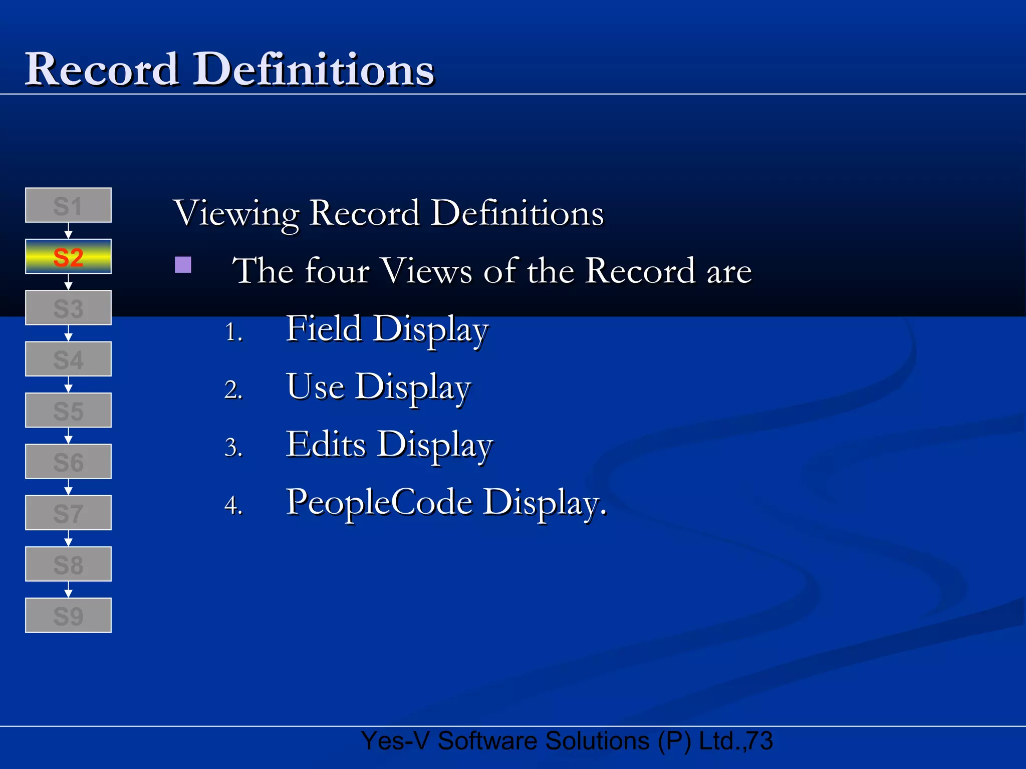 73Yes-V Software Solutions (P) Ltd.,
Record DefinitionsRecord Definitions
Viewing Record DefinitionsViewing Record Definitions
 The four Views of the Record areThe four Views of the Record are
1.1. Field DisplayField Display
2.2. Use DisplayUse Display
3.3. Edits DisplayEdits Display
4.4. PeopleCode Display.PeopleCode Display.
S8
S9
S7
S6
S5
S4
S3
S2
S1
 
