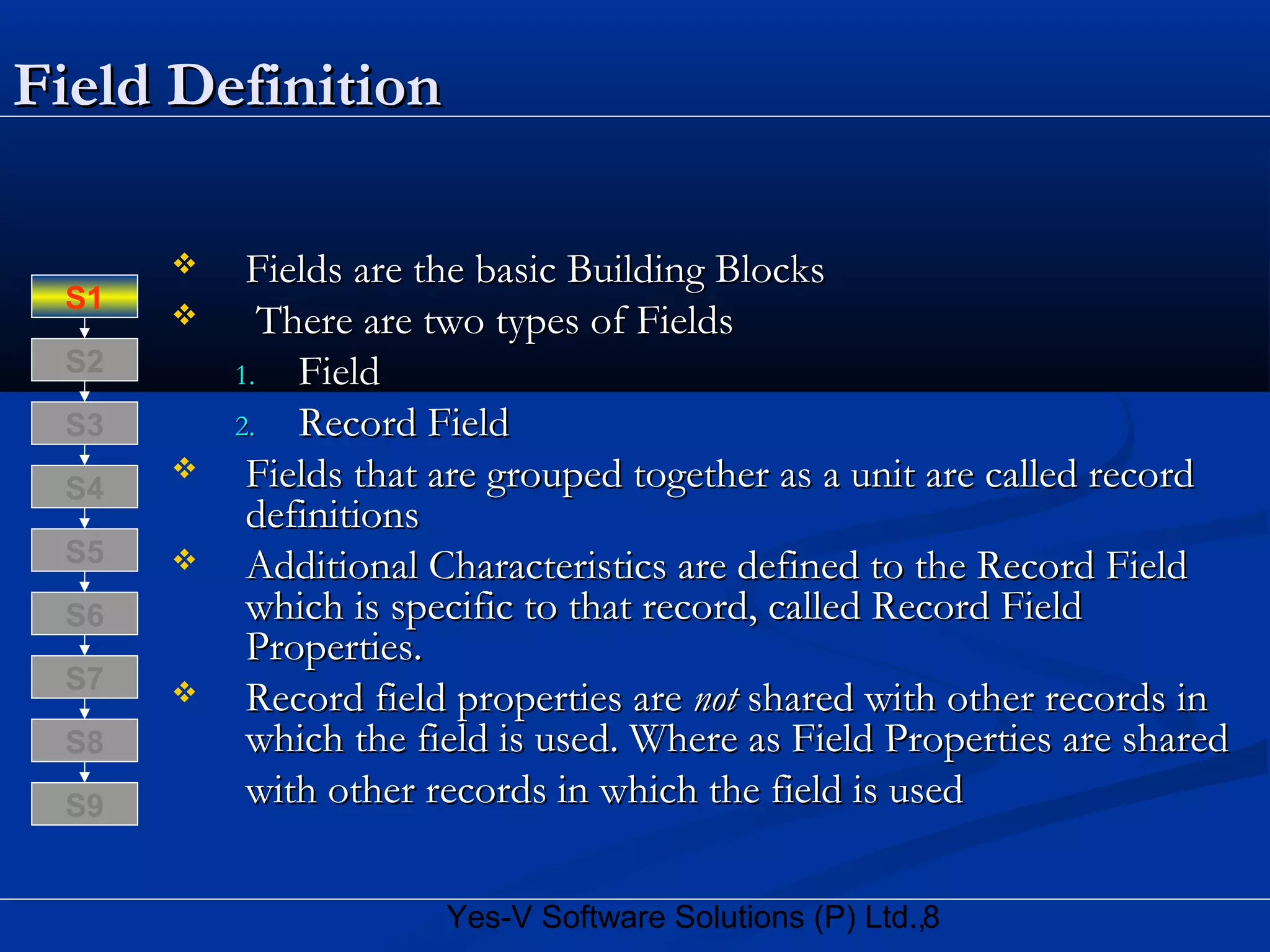 8Yes-V Software Solutions (P) Ltd.,
Field DefinitionField Definition
 Fields are the basic Building BlocksFields are the basic Building Blocks
 There are two types of FieldsThere are two types of Fields
1.1. FieldField
2.2. Record FieldRecord Field
 Fields that are grouped together as a unit are called recordFields that are grouped together as a unit are called record
definitionsdefinitions
 Additional Characteristics are defined to the Record FieldAdditional Characteristics are defined to the Record Field
which is specific to that record, called Record Fieldwhich is specific to that record, called Record Field
Properties.Properties.
 Record field properties areRecord field properties are notnot shared with other records inshared with other records in
which the field is used. Where as Field Properties are sharedwhich the field is used. Where as Field Properties are shared
with other records in which the field is usedwith other records in which the field is used
S8
S9
S7
S6
S5
S4
S3
S2
S1
 
