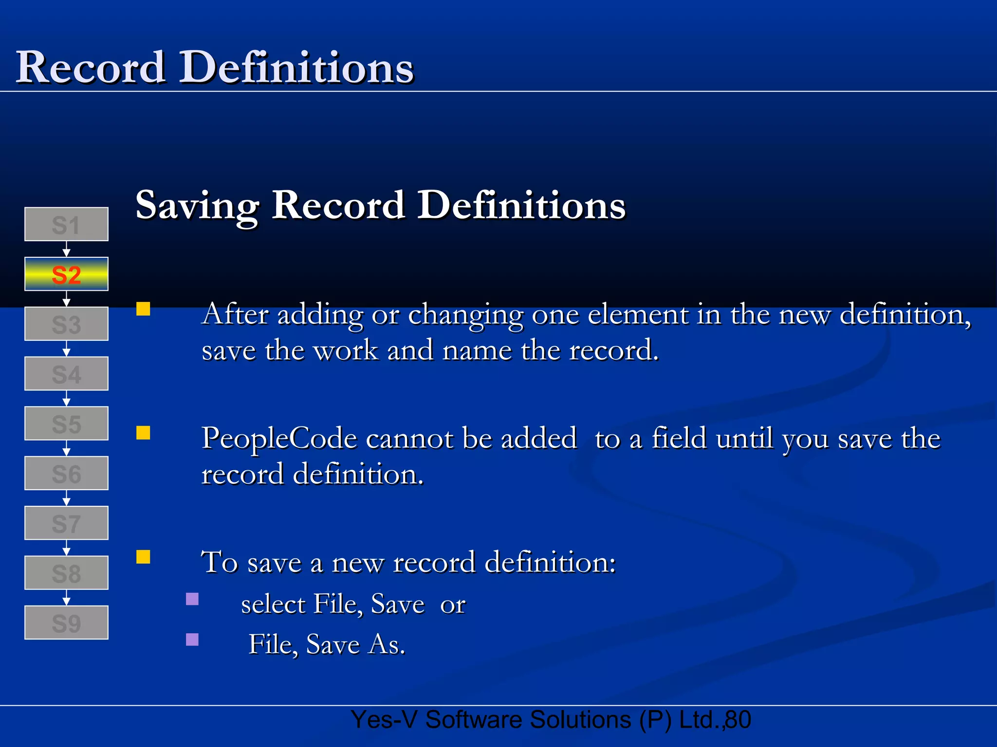 80Yes-V Software Solutions (P) Ltd.,
Record DefinitionsRecord Definitions
Saving Record DefinitionsSaving Record Definitions
 After adding or changing one element in the new definition,After adding or changing one element in the new definition,
save the work and name the record.save the work and name the record.
 PeopleCode cannot be added to a field until you save thePeopleCode cannot be added to a field until you save the
record definition.record definition.
 To save a new record definition:To save a new record definition:
 select File, Save orselect File, Save or
 File, Save As.File, Save As.
S8
S9
S7
S6
S5
S4
S3
S2
S1
 