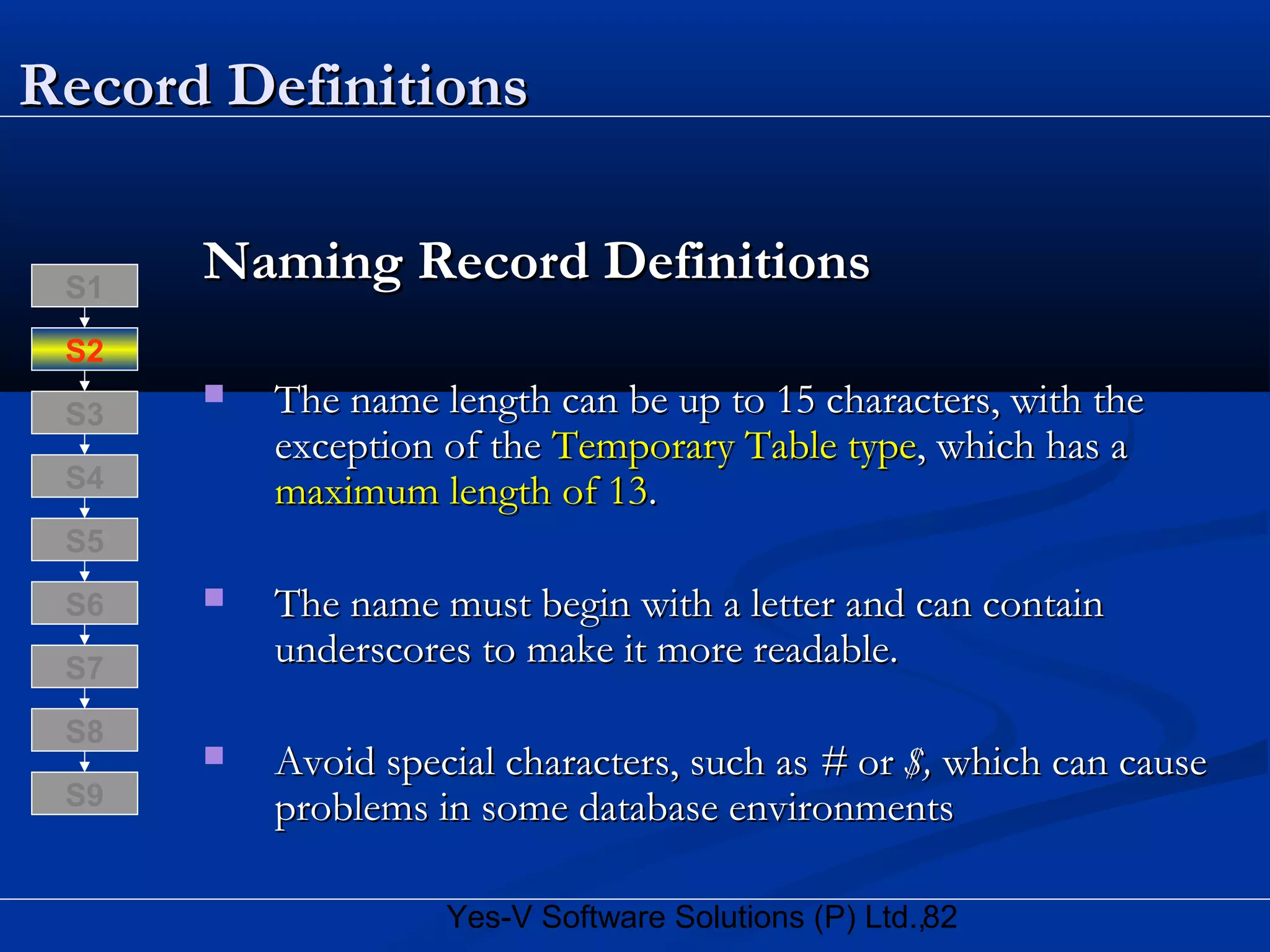 82Yes-V Software Solutions (P) Ltd.,
Record DefinitionsRecord Definitions
Naming Record DefinitionsNaming Record Definitions
 The name length can be up to 15 characters, with theThe name length can be up to 15 characters, with the
exception of theexception of the Temporary Table typeTemporary Table type, which has a, which has a
maximum length of 13maximum length of 13..
 The name must begin with a letter and can containThe name must begin with a letter and can contain
underscores to make it more readable.underscores to make it more readable.
 Avoid special characters, such asAvoid special characters, such as ## oror $,$, which can causewhich can cause
problems in some database environmentsproblems in some database environments
S8
S9
S7
S6
S5
S4
S3
S2
S1
 