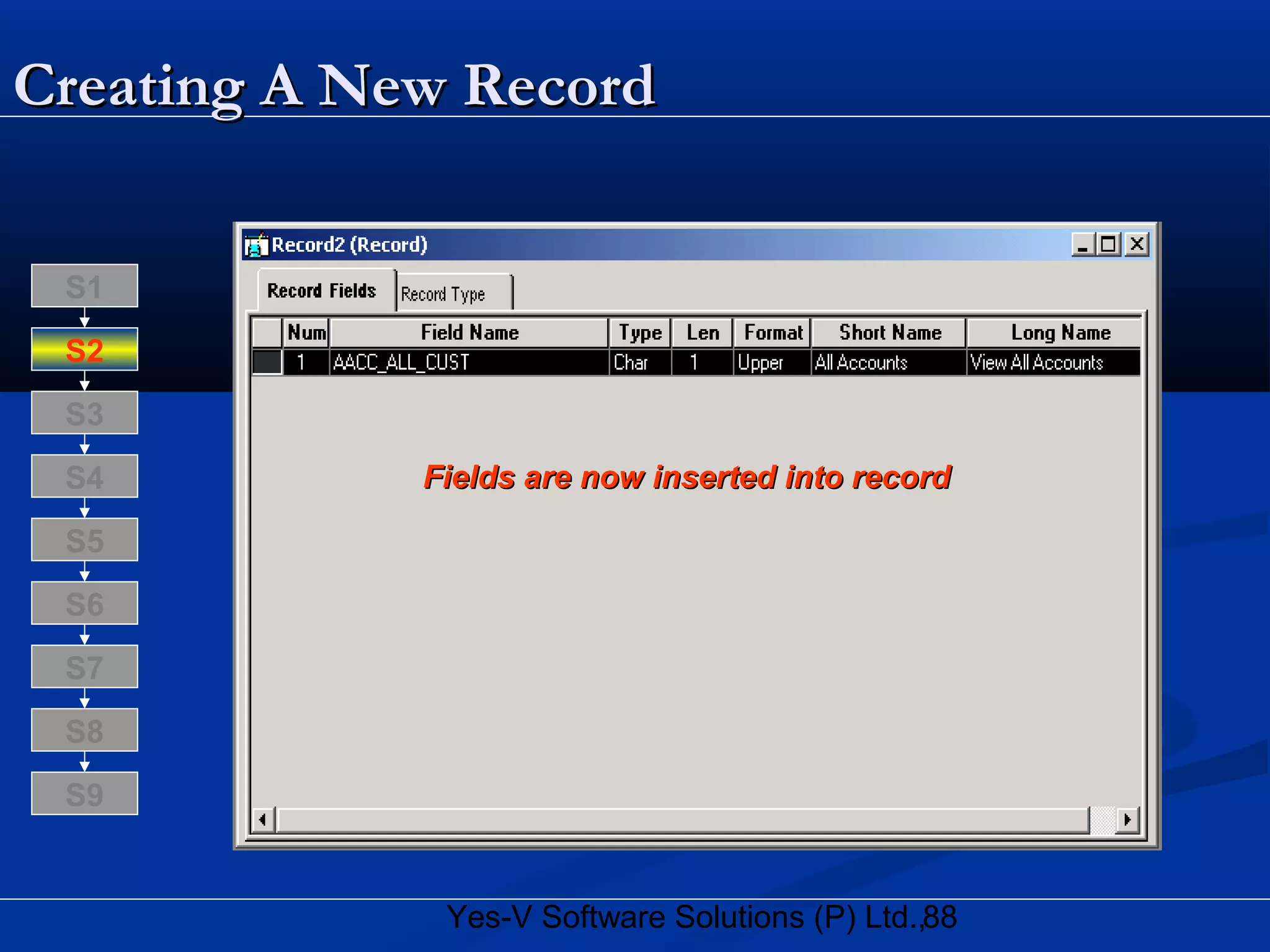 88Yes-V Software Solutions (P) Ltd.,
Creating A New RecordCreating A New Record
Fields are now inserted into recordFields are now inserted into record
S8
S9
S7
S6
S5
S4
S3
S2
S1
 
