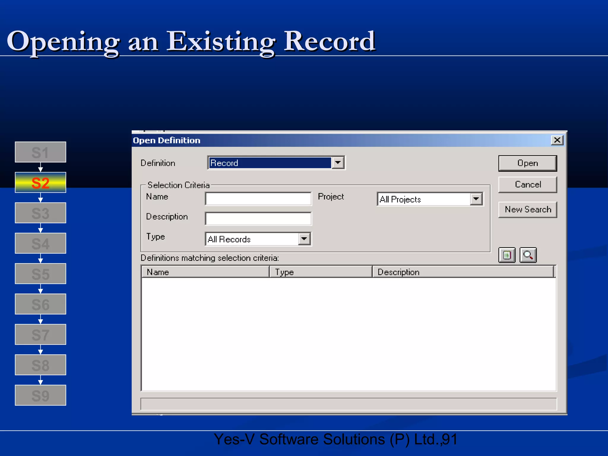 91Yes-V Software Solutions (P) Ltd.,
Opening an Existing RecordOpening an Existing Record
S8
S9
S7
S6
S5
S4
S3
S2
S1
 