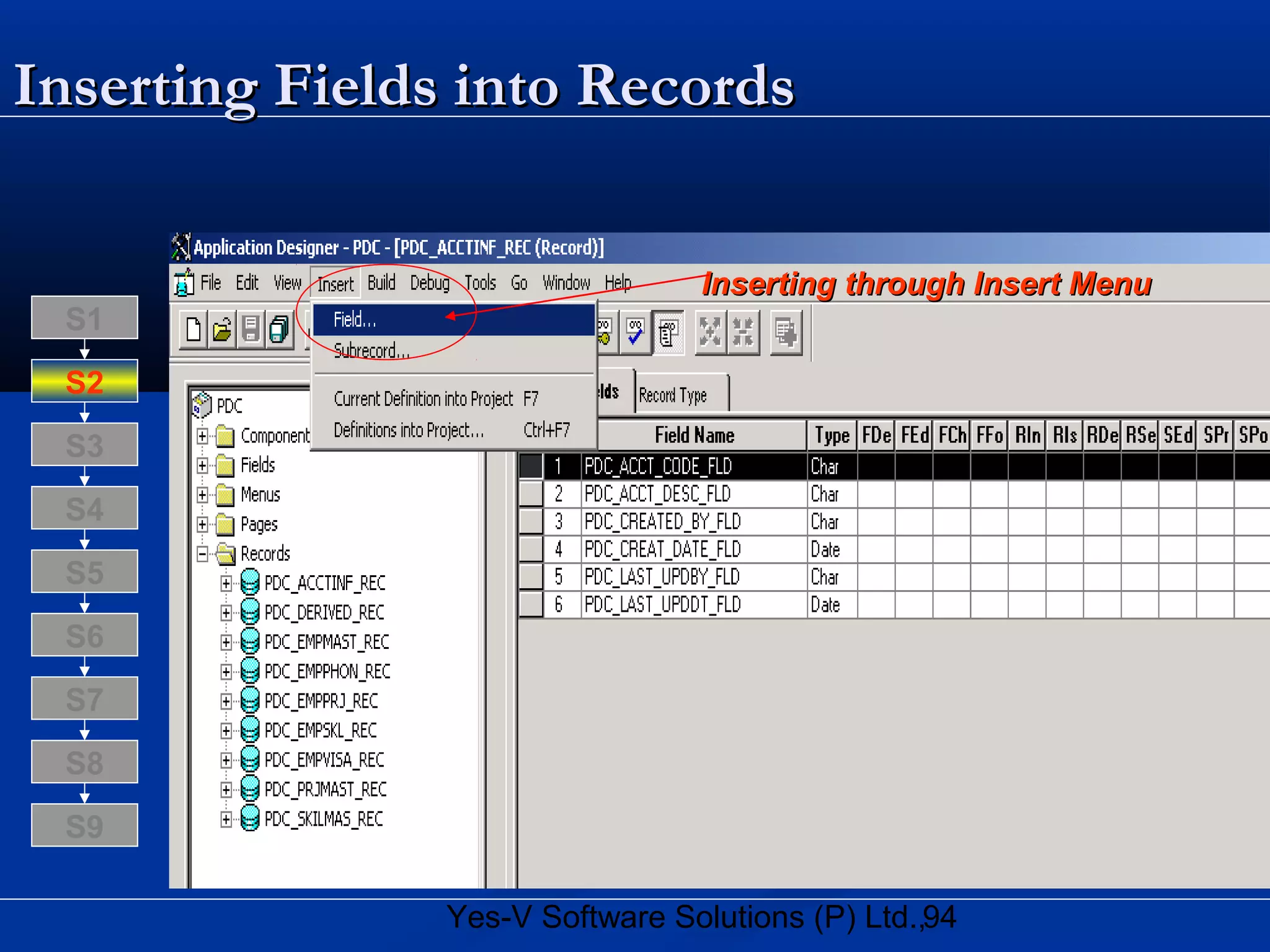 94Yes-V Software Solutions (P) Ltd.,
Inserting Fields into RecordsInserting Fields into Records
Inserting through Insert MenuInserting through Insert Menu
S8
S9
S7
S6
S5
S4
S3
S2
S1
 