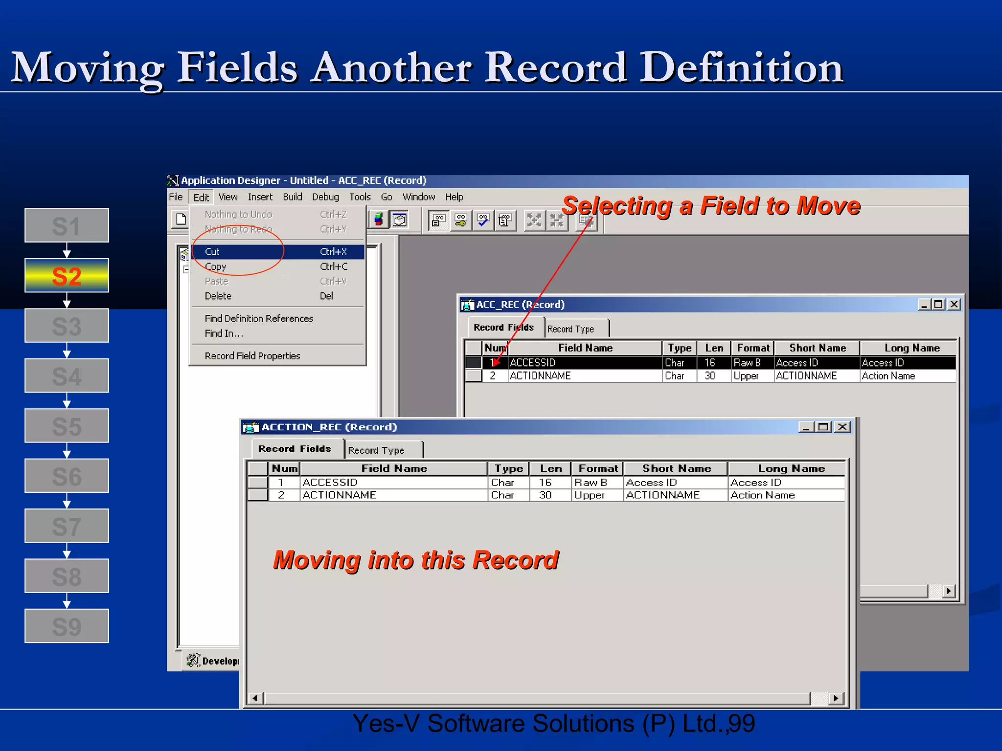 99Yes-V Software Solutions (P) Ltd.,
Moving Fields Another Record DefinitionMoving Fields Another Record Definition
Selecting a Field to MoveSelecting a Field to Move
Moving into this RecordMoving into this Record
S8
S9
S7
S6
S5
S4
S3
S2
S1
 