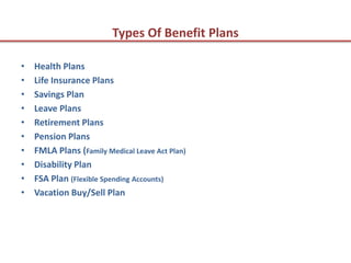 Types Of Benefit Plans

•   Health Plans
•   Life Insurance Plans
•   Savings Plan
•   Leave Plans
•   Retirement Plans
•   Pension Plans
•   FMLA Plans (Family Medical Leave Act Plan)
•   Disability Plan
•   FSA Plan (Flexible Spending Accounts)
•   Vacation Buy/Sell Plan
 