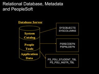 Relational Database, Metadata
and PeopleSoft

SYSOBJECTS
SYSCOLUMNS

PSRECDEFN
PSPNLDEFN

PS_PSU_STUDENT_TBL
PS_PSU_INSTR_TBL

 