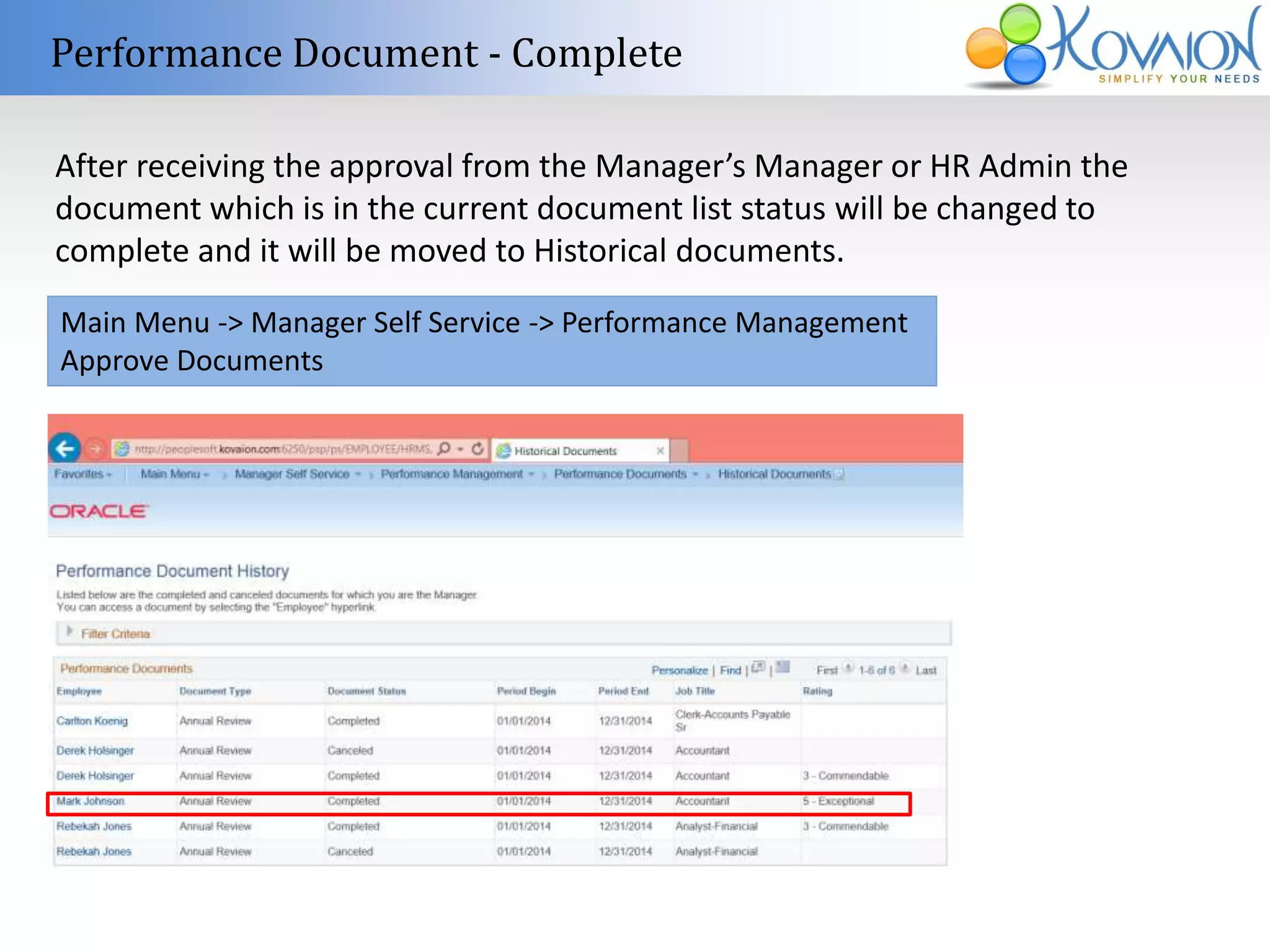 Performance Document - Complete 
After receiving the approval from the Manager’s Manager or HR Admin the 
document which is in the current document list status will be changed to 
complete and it will be moved to Historical documents. 
Main Menu -> Manager Self Service -> Performance Management 
Approve Documents 
 