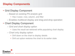 Display Components
• Grid Display Component
– Based on existing PS analytic grid
• Has 3 axes—row, column, and filter

– Enables multilevel display and drag-and-drop operation

• Chart Display Component
– Grid and chart display option
• Uses the result set retrieved while populating chart display

– Chart only display option
• Drill down on the chart to display details
• Drill out option restores the chart to its earlier state

 