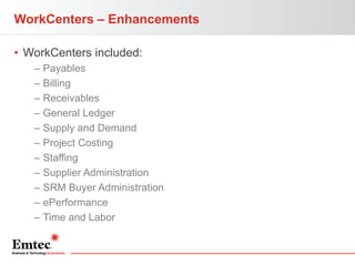 WorkCenters – Enhancements
• WorkCenters included:
–
–
–
–
–
–
–
–
–
–
–

Payables
Billing
Receivables
General Ledger
Supply and Demand
Project Costing
Staffing
Supplier Administration
SRM Buyer Administration
ePerformance
Time and Labor

 