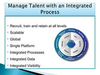 Recruit, train and retain at all levels
 Scalable
 Global
 Single Platform
 Integrated Processes
 Integrated Data
 Integrated Visibility
 