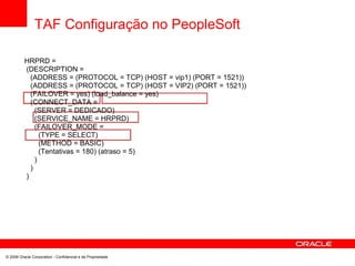 TAF Configuração no PeopleSoft
HRPRD =
(DESCRIPTION =
(ADDRESS = (PROTOCOL = TCP) (HOST = vip1) (PORT = 1521))
(ADDRESS = (PROTOCOL = TCP) (HOST = VIP2) (PORT = 1521))
(FAILOVER = yes) (load_balance = yes)
(CONNECT_DATA =
(SERVER = DEDICADO)
(SERVICE_NAME = HRPRD)
(FAILOVER_MODE =
(TYPE = SELECT)
(METHOD = BASIC)
(Tentativas = 180) (atraso = 5)
)
)
)
© 2008 Oracle Corporation - Confidencial e de Propriedade
 