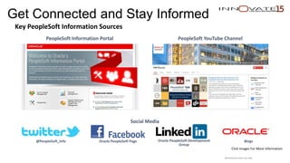 Get Connected and Stay Informed
Key PeopleSoft Information Sources
@PeopleSoft_Info Oracle PeopleSoft Development
Group
Oracle PeopleSoft Page
Click Images For More Information
Blogs
Social Media
PeopleSoft Information Portal PeopleSoft YouTube Channel
Restricted to event use only.
 