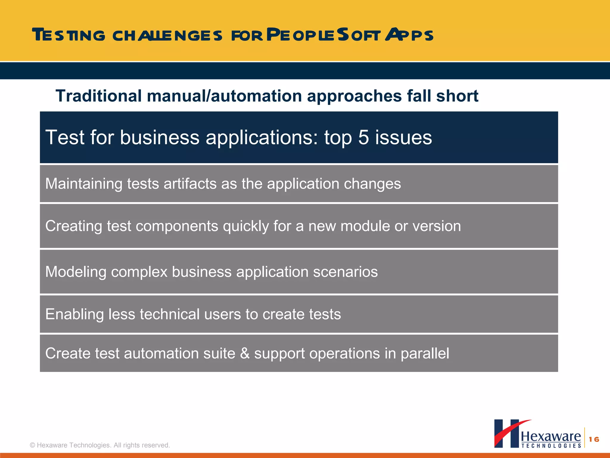Testing challenges for PeopleSoft Apps Traditional manual/automation approaches fall short Test for business applications: top 5 issues Maintaining tests artifacts as the application changes Creating test components quickly for a new module or version Modeling complex business application scenarios Enabling less technical users to create tests Create test automation suite & support operations in parallel  