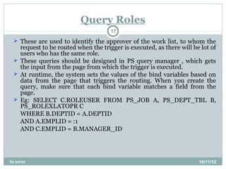Query Roles
                                     17
  These are used to identify the approver of the work list, to whom the
   request to be routed when the trigger is executed, as there will be lot of
   users who has the same role.
  These queries should be designed in PS query manager , which gets
   the input from the page from which the trigger is executed.
  At runtime, the system sets the values of the bind variables based on
   data from the page that triggers the routing. When you create the
   query, make sure that each bind variable matches a field from the
   page.
  Eg: SELECT C.ROLEUSER FROM PS_JOB A, PS_DEPT_TBL B,
   PS_ROLEXLATOPR C
   WHERE B.DEPTID = A.DEPTID
   AND A.EMPLID = :1
   AND C.EMPLID = B.MANAGER_ID




by surya                                                              10/11/12
 