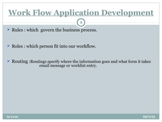 Work Flow Application Development
                                       6
 Rules : which govern the business process.



 Roles : which person fit into our workflow.


 Routing :Routings specify where the information goes and what form it takes
                 email message or worklist entry.




by surya                                                                10/11/12
 
