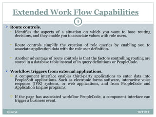 Extended Work Flow Capabilities
                                          9
 Route controls.
  •   Identifies the aspects of a situation on which you want to base routing
      decisions, and they enable you to associate values with role users.

     Route controls simplify the creation of role queries by enabling you to
      associate application data with the role user definition.

     Another advantage of route controls is that the factors controlling routing are
      stored in a database table instead of in query definitions or PeopleCode.

 Workflow triggers from external applications.
     A component interface enables third-party applications to enter data into
      PeopleSoft applications. Such as electronic forms software, interactive voice
      response (IVR) systems, or web applications, and from PeopleCode and
      Application Engine programs.

     If the page has associated workflow PeopleCode, a component interface can
      trigger a business event.

by surya                                                                     10/11/12
 
