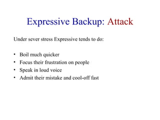 Expressive Backup: Attack
Under sever stress Expressive tends to do:
• Boil much quicker
• Focus their frustration on people
• Speak in loud voice
• Admit their mistake and cool-off fast
 