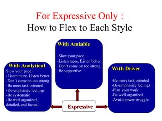 For Expressive Only :
How to Flex to Each Style
ExpressiveExpressive
With DriverWith Driver
-Be more task oriented
-De-emp...