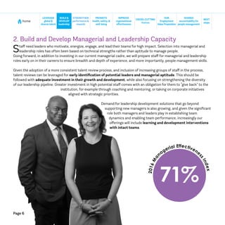 Page 6
home
NEXT
steps
CROSS-CUTTING
themes
SHARED
accountabilityfor
people management
BUILD&
DEVELOP
leadership
STRENGTHEN
performance &
rewards
IMPROVE
organizational
effectiveness
LEVERAGE
global &
diversetalent
PROMOTE
health, safety, &
well-being
OUR
Employment
ValueProposition
2. Build and Develop Managerial and Leadership Capacity
Staff need leaders who motivate, energize, engage, and lead their teams for high impact. Selection into managerial and
leadership roles has often been based on technical strengths rather than aptitude to manage people.
Going forward, in addition to investing in our current managerial cadre, we will prepare staff for managerial and leadership
roles early on in their careers to ensure breadth and depth of experience, and more importantly, people management skills.
Given the adoption of a more consistent talent review process, and inclusion of increasing groups of staff in the process,
talent reviews can be leveraged for early identification of potential leaders and managerial aptitude. This should be
followed with adequate investment in their growth and development, while also focusing on strengthening the diversity
of our leadership pipeline. Greater investment in high potential staff comes with an obligation for them to “give back” to the
institution, for example through coaching and mentoring, or taking on corporate initiatives
aligned with strategic priorities.
Demand for leadership development solutions that go beyond
supporting new managers is also growing, and given the significant
role both managers and leaders play in establishing team
dynamics and enabling team performance, increasingly our
offerings will include learning and development interventions
with intact teams.
71%
2016M
a nagerial Effectivene
ssIndex
 