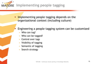 Implementingpeopletagging,[object Object],Implementingpeopletaggingdepends on theorganizationalcontext (includingculture),[object Object],Engineering a peopletaggingsystemcanbecustomized,[object Object],Who can tag?,[object Object],Who canbetagged?,[object Object],Controlover tags,[object Object],Visibilityoftagging,[object Object],Semanticoftagging,[object Object],Searchstrategy,[object Object],MATURE - Continuous Social Learning in Knowledge Networks,[object Object]