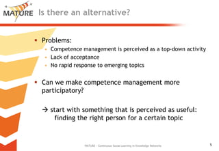 Is there an alternative?,[object Object],Problems: ,[object Object],Competence managementisperceived as a top-down activity,[object Object],Lack ofacceptance,[object Object],No rapid responsetoemergingtopics,[object Object],Can wemakecompetencemanagementmoreparticipatory?,[object Object],startwithsomethingthatisperceived as useful:findingtherightpersonfor a certaintopic,[object Object],MATURE - Continuous Social Learning in Knowledge Networks,[object Object]