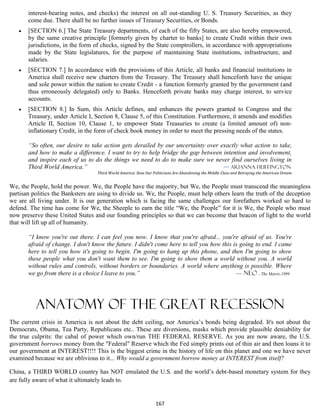 interest-bearing notes, and checks) the interest on all out-standing U. S. Treasury Securities, as they
       come due. There shall be no further issues of Treasury Securities, or Bonds.
      [SECTION 6.] The State Treasury departments, of each of the fifty States, are also hereby empowered,
       by the same creative principle [formerly given by charter to banks] to create Credit within their own
       jurisdictions, in the form of checks, signed by the State comptrollers, in accordance with appropriations
       made by the State legislatures, for the purpose of maintaining State institutions, infrastructure, and
       salaries.
      [SECTION 7.] In accordance with the provisions of this Article, all banks and financial institutions in
       America shall receive new charters from the Treasury. The Treasury shall henceforth have the unique
       and sole power within the nation to create Credit - a function formerly granted by the government (and
       thus erroneously delegated) only to Banks. Henceforth private banks may charge interest, to service
       accounts.
      [SECTION 8.] In Sum, this Article defines, and enhances the powers granted to Congress and the
       Treasury, under Article I, Section 8, Clause 5, of this Constitution. Furthermore, it amends and modifies
       Article II, Section 10, Clause 1, to empower State Treasuries to create (a limited amount of) non-
       inflationary Credit, in the form of check book money in order to meet the pressing needs of the states.

       “So often, our desire to take action gets derailed by our uncertainty over exactly what action to take,
       and how to make a difference. I want to try to help bridge the gap between intention and involvement,
       and inspire each of us to do the things we need to do to make sure we never find ourselves living in
       Third World America.”                                                       — Arianna Huffington
                                   Third World America: How Our Politicians Are Abandoning the Middle Class and Betraying the American Dream


We, the People, hold the power. We, the People have the majority, but We, the People must transcend the meaningless
partisan politics the Banksters are using to divide us. We, the People, must help others learn the truth of the deception
we are all living under. It is our generation which is facing the same challenges our forefathers worked so hard to
defend. The time has come for We, the Sheeple to earn the title “We, the People” for it is We, the People who must
now preserve these United States and our founding principles so that we can become that beacon of light to the world
that will lift up all of humanity.

       “I know you're out there. I can feel you now. I know that you're afraid... you're afraid of us. You're
       afraid of change. I don't know the future. I didn't come here to tell you how this is going to end. I came
       here to tell you how it's going to begin. I'm going to hang up this phone, and then I'm going to show
       these people what you don't want them to see. I'm going to show them a world without you. A world
       without rules and controls, without borders or boundaries. A world where anything is possible. Where
       we go from there is a choice I leave to you.”                                       — Neo - The Matrix-1999




          anatomy of THE GREAT recession
The current crisis in America is not about the debt ceiling, nor America’s bonds being degraded. It's not about the
Democrats, Obama, Tea Party, Republicans etc.. These are diversions, masks which provide plausible deniability for
the true culprits: the cabal of power which own/run THE FEDERAL RESERVE. As you are now aware, the U.S.
government borrows money from the "Federal" Reserve which the Fed simply prints out of thin air and then loans it to
our government at INTEREST!!!! This is the biggest crime in the history of life on this planet and one we have never
examined because we are oblivious to it... Why would a government borrow money at INTEREST from itself?

China, a THIRD WORLD country has NOT emulated the U.S. and the world’s debt-based monetary system for they
are fully aware of what it ultimately leads to.


                                                                  167
 