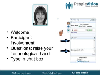 Welcome  Participant involvement Questions: raise your ‘technological’ hand Type in chat box 