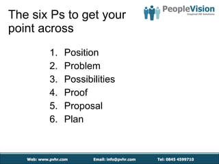 The six Ps to get your point across  Position Problem Possibilities Proof Proposal Plan 