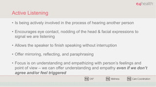 Active Listening
• Is being actively involved in the process of hearing another person
• Encourages eye contact, nodding o...