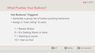 What Pushes Your Buttons?
Hot Buttons! Triggers!
• Generate a group list of button-pushing behaviors
• Assign a “heat rati...