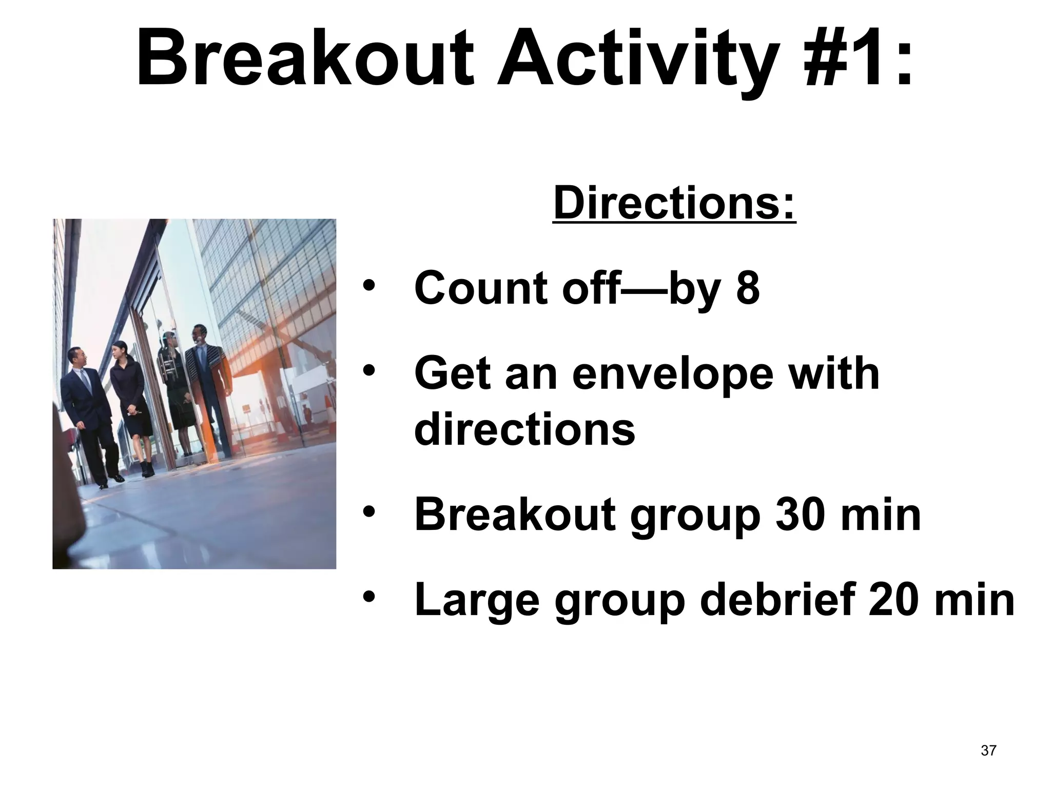 Breakout Activity #1: Directions: Count off—by 8 Get an envelope with directions Breakout group 30 min Large group debrief 20 min 