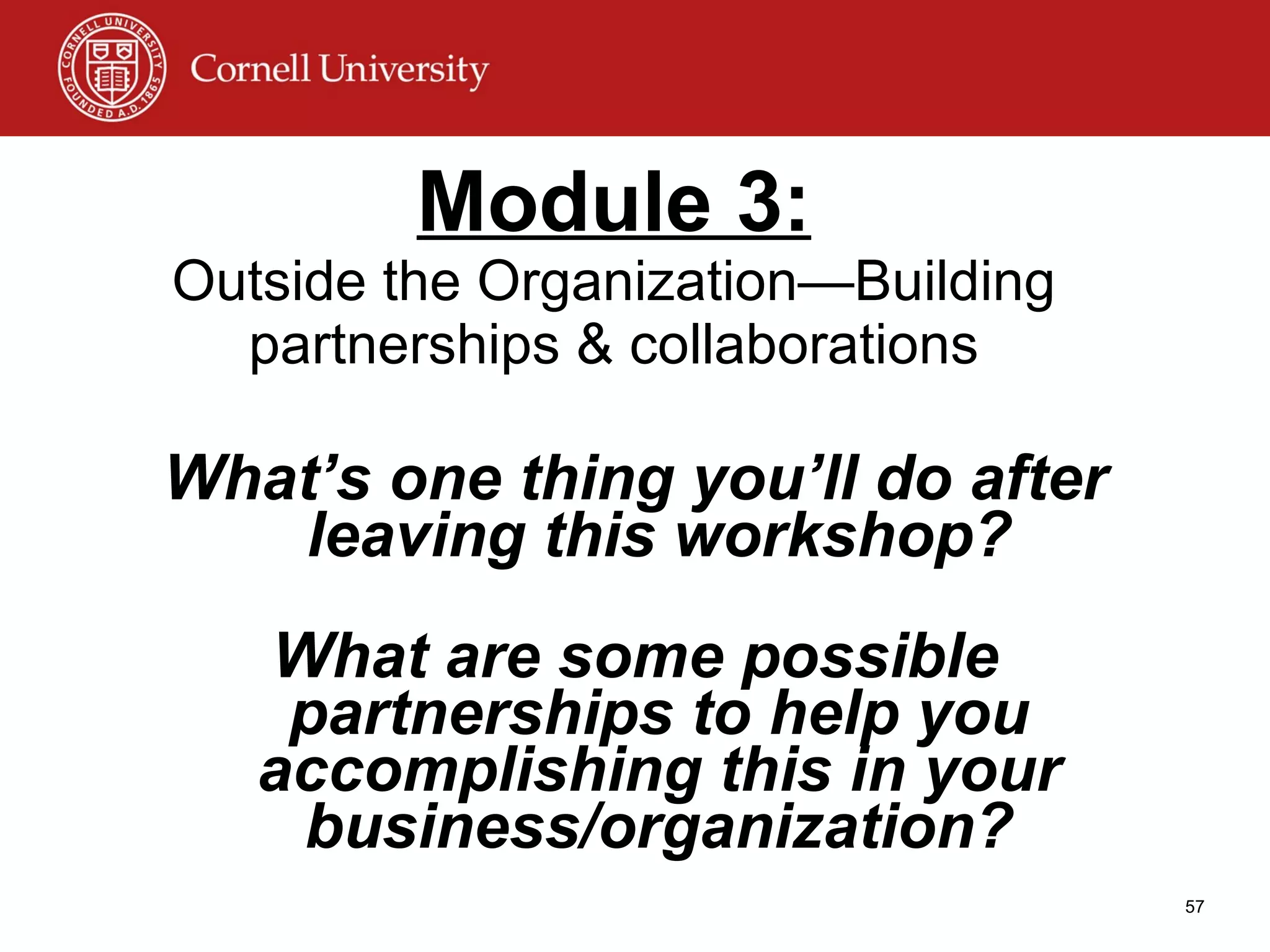 Module 3: Outside the Organization—Building partnerships & collaborations What’s one thing you’ll do after leaving this workshop? What are some possible partnerships to help you accomplishing this in your business/organization? 