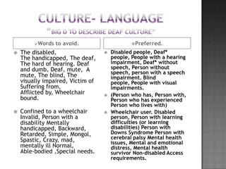 Words   to avoid.                   Preferred.

   The disabled,                     Disabled people, Deaf*
    The handicapped, The deaf,         people, People with a hearing
    The hard of hearing. Deaf          impairment, Deaf* without
    and dumb, Deaf, mute, A            speech, Person without
                                       speech, person with a speech
    mute, The blind, The               impairment. Blind
    visually impaired, Victim of       people, People with visual
    Suffering from,                    impairments.
    Afflicted by, Wheelchair          (Person who has, Person with,
    bound.                             Person who has experienced
                                       Person who lives with)
   Confined to a wheelchair          Wheelchair user. Disabled
    Invalid, Person with a             person, Person with learning
    disability Mentally                difficulties (or learning
    handicapped, Backward,             disabilities) Person with
    Retarded, Simple, Mongol,          Downs Syndrome Person with
    Spastic, Crazy, mad,               cerebral palsy Mental health
                                       issues, Mental and emotional
    mentally ill Normal,               distress, Mental health
    Able-bodied ,Special needs.        survivor Non-disabled Access
                                       requirements.
 