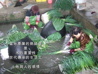 當地產業的熱絡場
    景
  水的重要性
世代傳承的生活文
    化
 土地與人的感情
 
