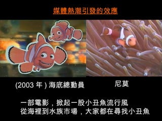 媒體熱潮引發的效應




(2003 年 ) 海底總動員   尼莫

 一部電影，掀起一股小丑魚流行風
 從海裡到水族市場，大家都在尋找小丑魚
 