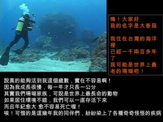 嗨！大家好
                   我的名字是大香菇

                   我住在台灣的海洋
                   裡
                   已經一千兩百多年
                   了
                   我可能是世界上最
                   老的珊瑚吧！
說真的能夠活到我這個歲數，實在不容易啊！
因為我成長很慢，每一年才只長一公分
其實我們珊瑚家族，可說是世界上最長命的動物
如果居住環境不錯，我們可以一直存活下來
而且年紀愈大 愈不容易死亡喔！
唉！可惜的是這幾年我的同伴們，紛紛染上了各種奇奇怪怪的疾病
 